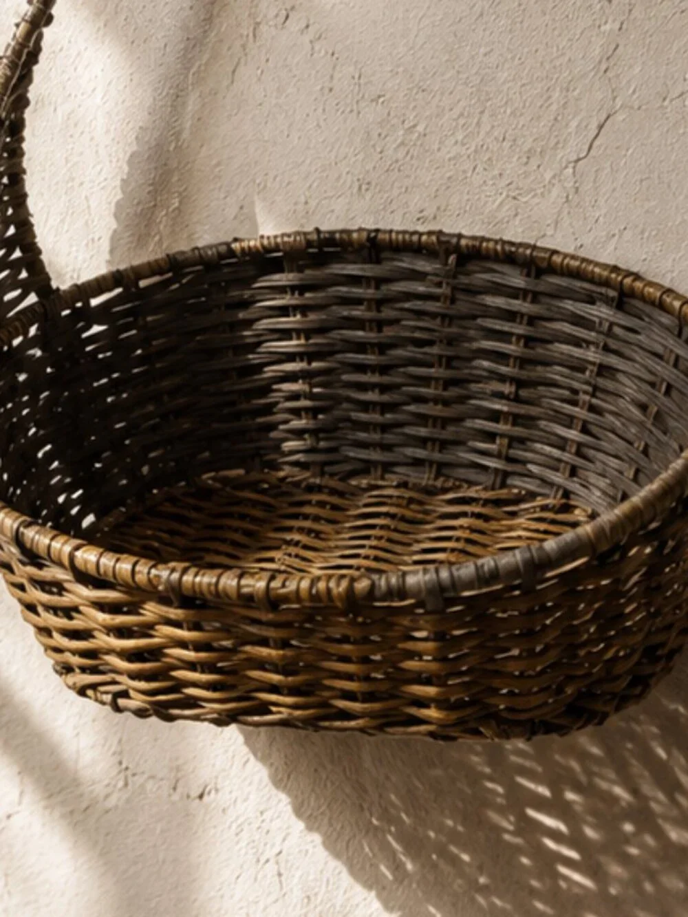 Vintage Woven Wicker & Metal Hanging Wall Basket with Sculptural Handle